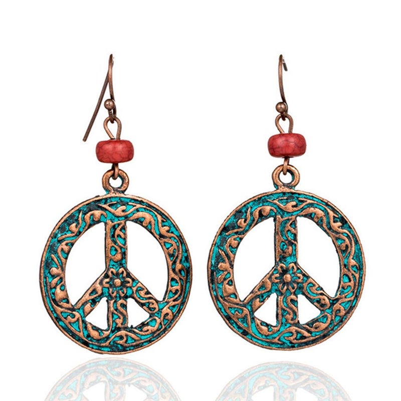 Antique Vintage Bronze Round Peace Love Sign Symbol Hook Earring Carving Filigree Flower Drop Earring Women Jewelry (Retro Red)